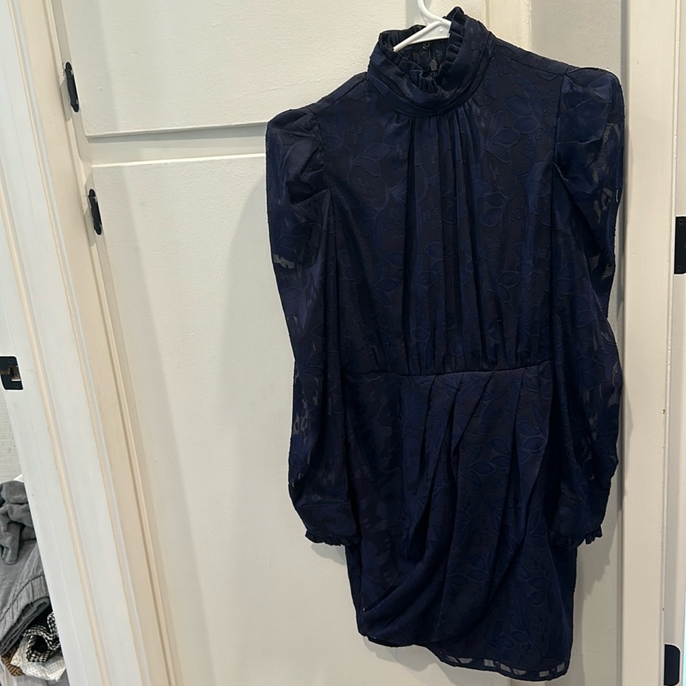 Aqua navy blue puff sleeve turtle neck dress. Size M.